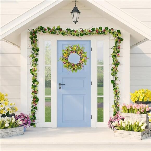 Artificial 20" Spring Summer Wreath with Pansy Flower,Yellow Daisy,Rose Leaf - Picture 2 of 8